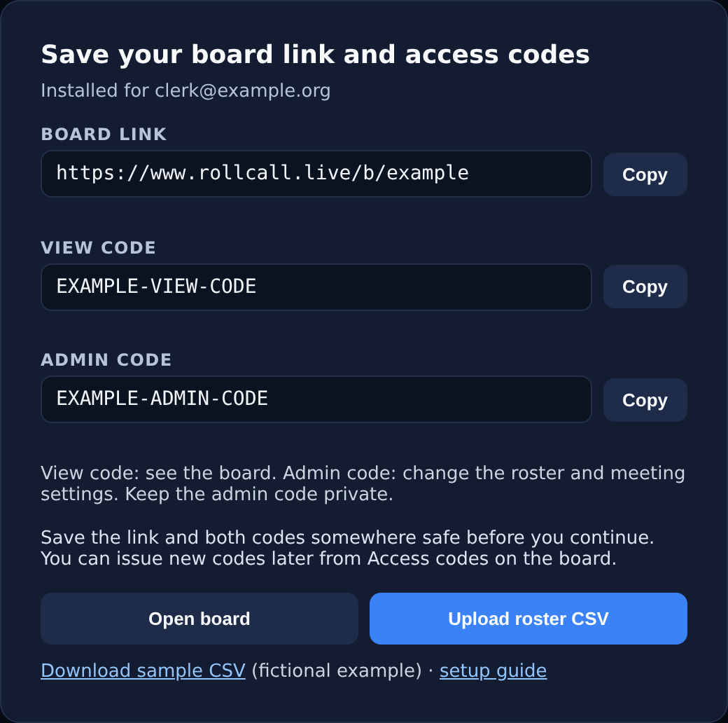 Setup screen with separate rows and Copy buttons for the board link, view code and admin code