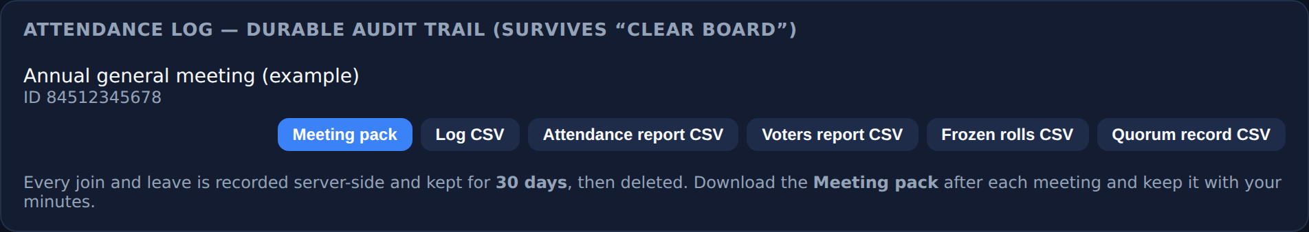 Attendance log panel with the Meeting pack button and individual CSV exports